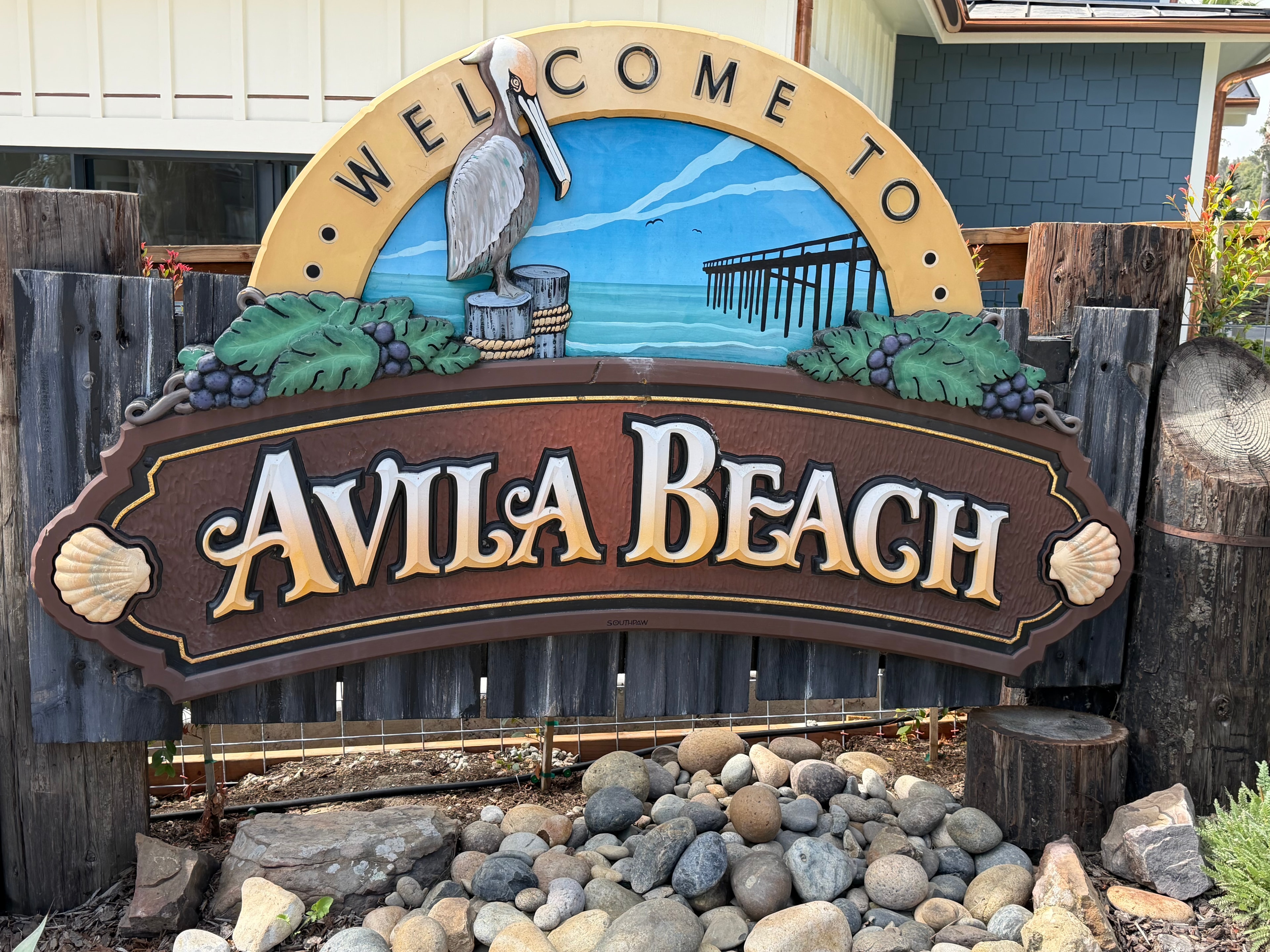 Welcome to Avila Beach decorative wooden sign with pelican